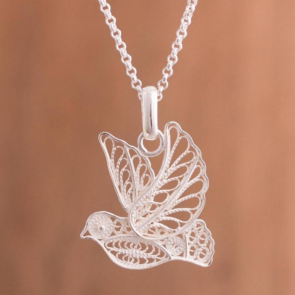 Handcrafted Sterling Silver Filigree Dove Pendant Necklace 'Peace and Grace'