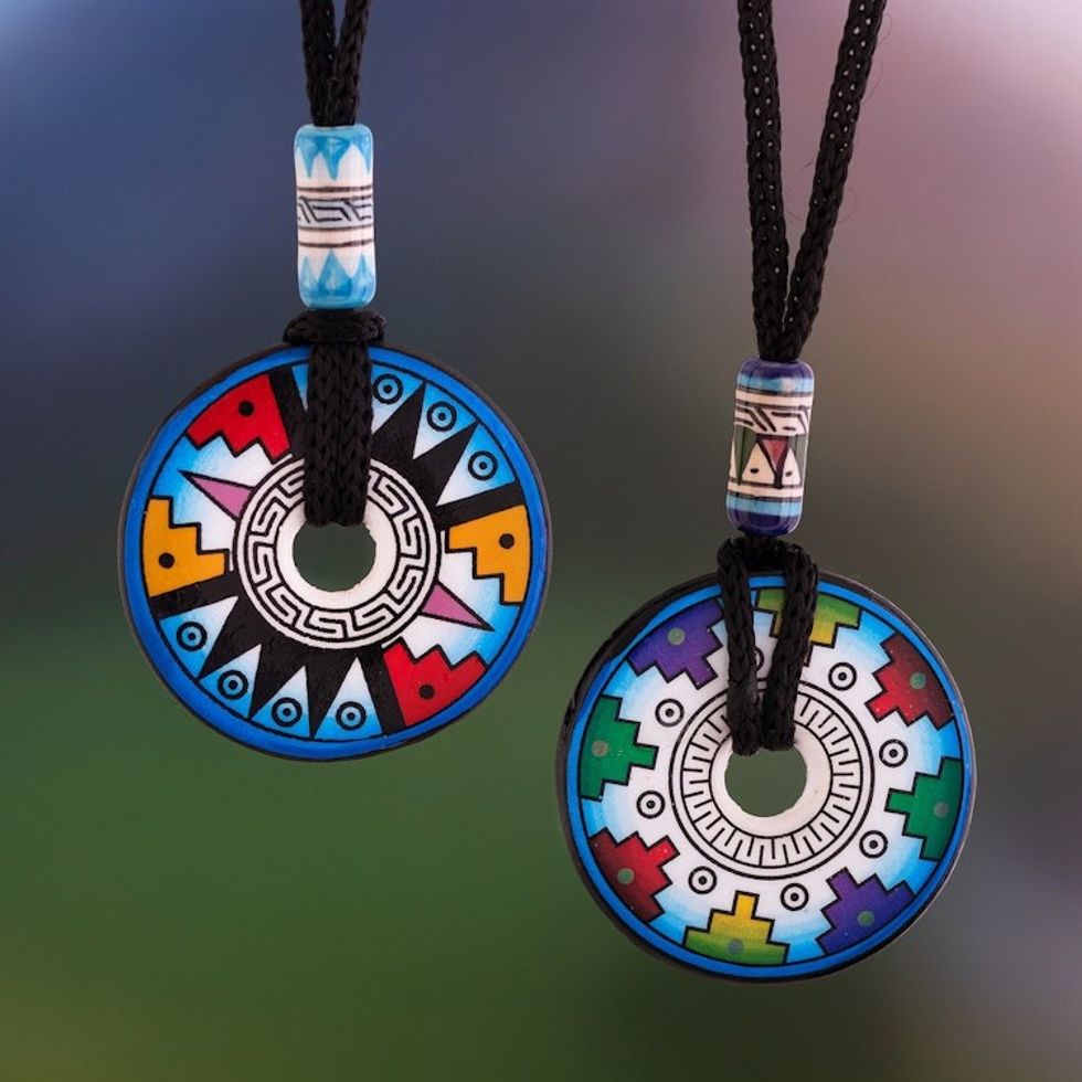 Pair of Blue and White Geometric Ceramic Pendant Necklaces 'Evening Fiesta'