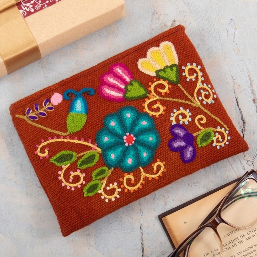 Floral Embroidered Wool Cosmetic Bag from Peru 'Eden Cinnabar'