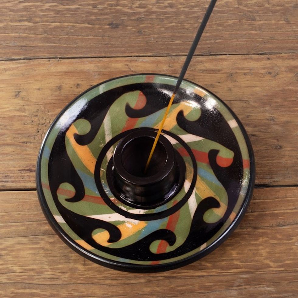 Handcrafted Wavy-Patterned Round Ceramic Incense Holder 'Ancestral Waves'