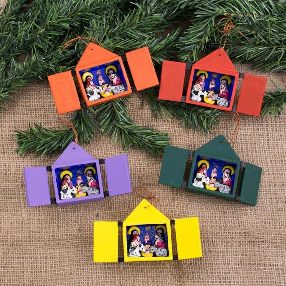 Christmas Ornaments Nativity Scene Set of 5 Handmade in Peru 'Retablos'