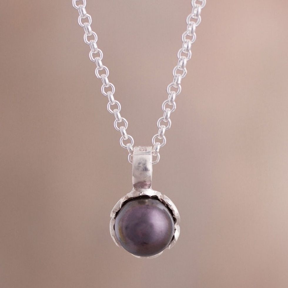 Blue-Grey Cultured Pearl Pendant Necklace from Peru 'Floral Wonder in Blue-Grey'