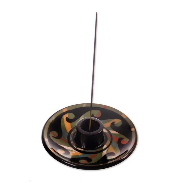 Alternate image for Handcrafted Wavy-Patterned Round Ceramic Incense Holder Ancestral Waves