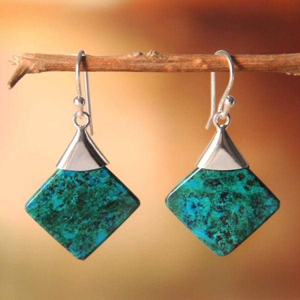 Alternate image for Peruvian Chrysocolla and Silver Earrings Handmade Jewelry Synthesis