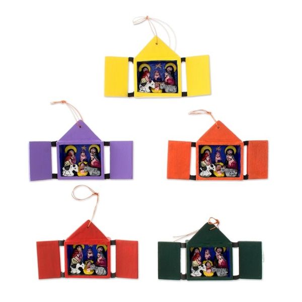 Alternate image for Christmas Ornaments Nativity Scene Set of 5 Handmade in Peru Retablos