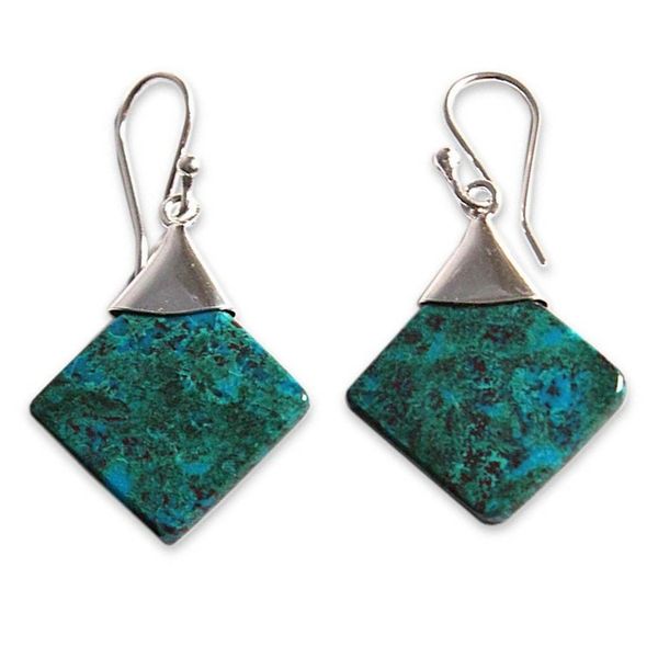 Alternate image for Peruvian Chrysocolla and Silver Earrings Handmade Jewelry Synthesis