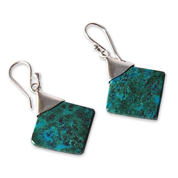 Alternate image for Peruvian Chrysocolla and Silver Earrings Handmade Jewelry Synthesis