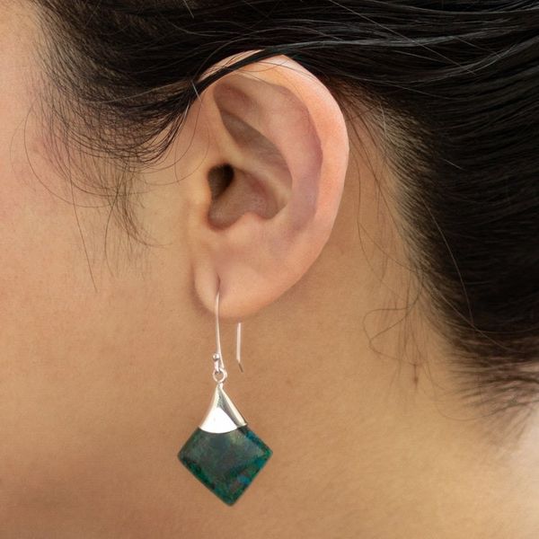 Alternate image for Peruvian Chrysocolla and Silver Earrings Handmade Jewelry Synthesis