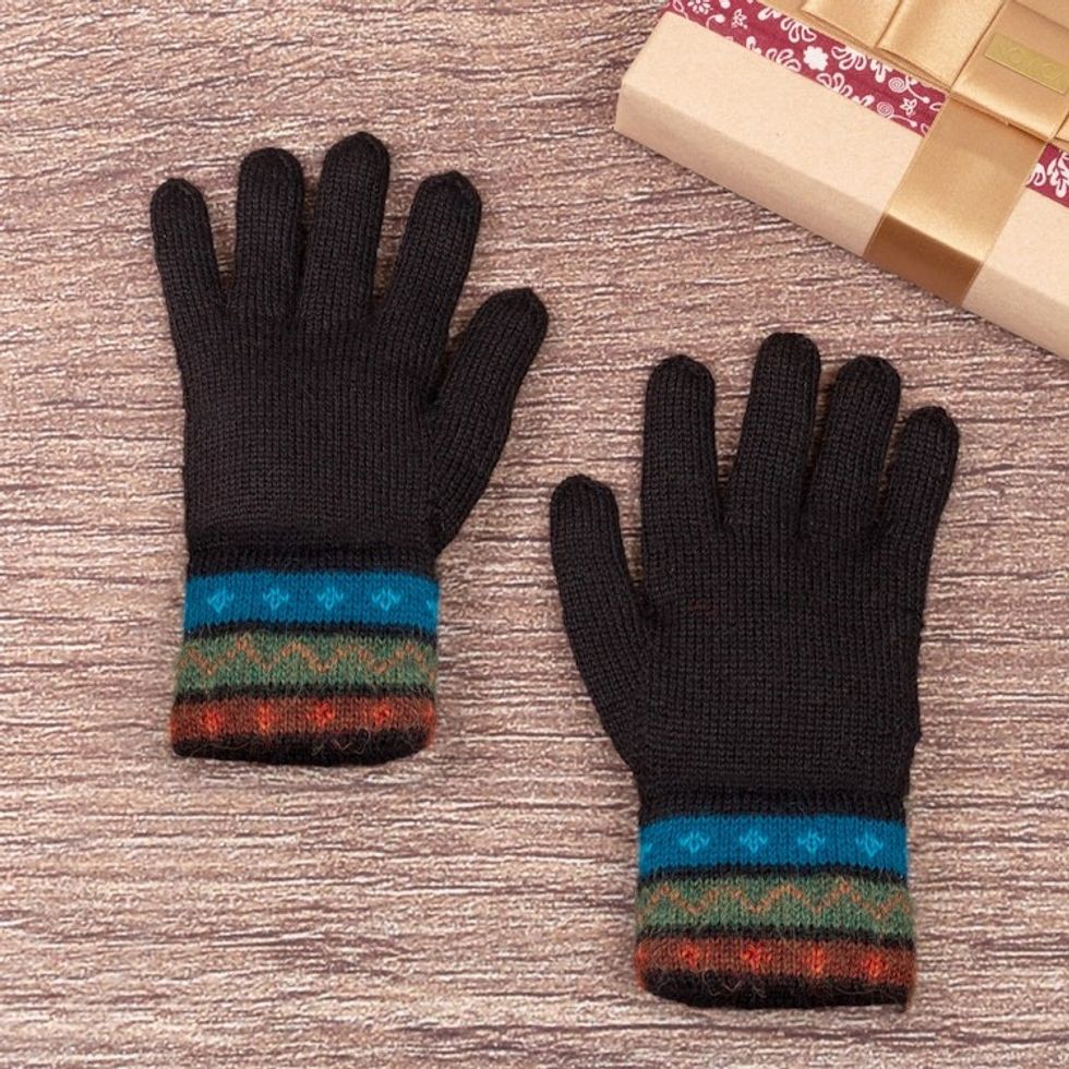 Traditional Knit Striped 100 Alpaca Gloves from Peru 'Memories of Paruro'