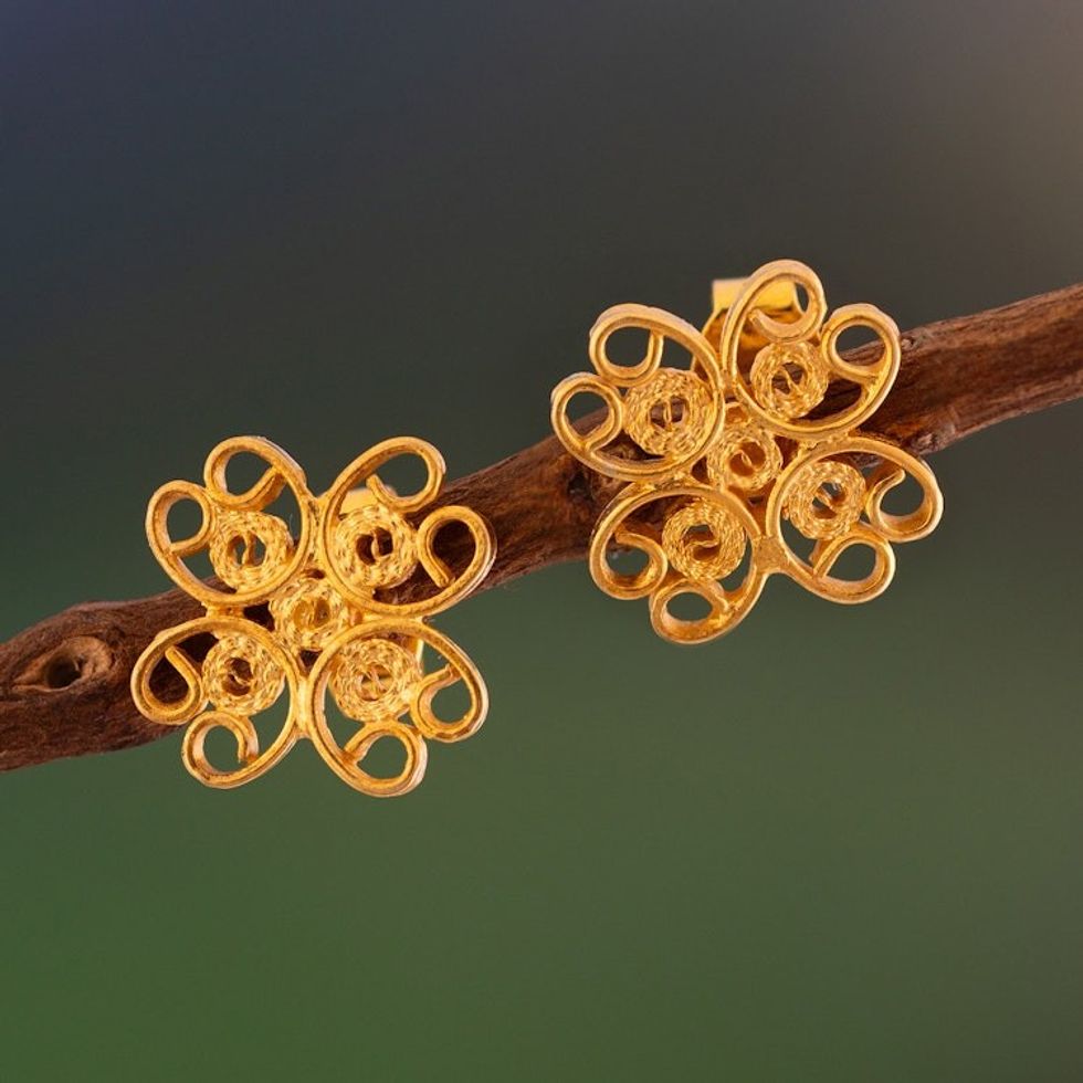 Handmade Floral Gold Plated Filigree Flower Earrings 'Andean Blossom'