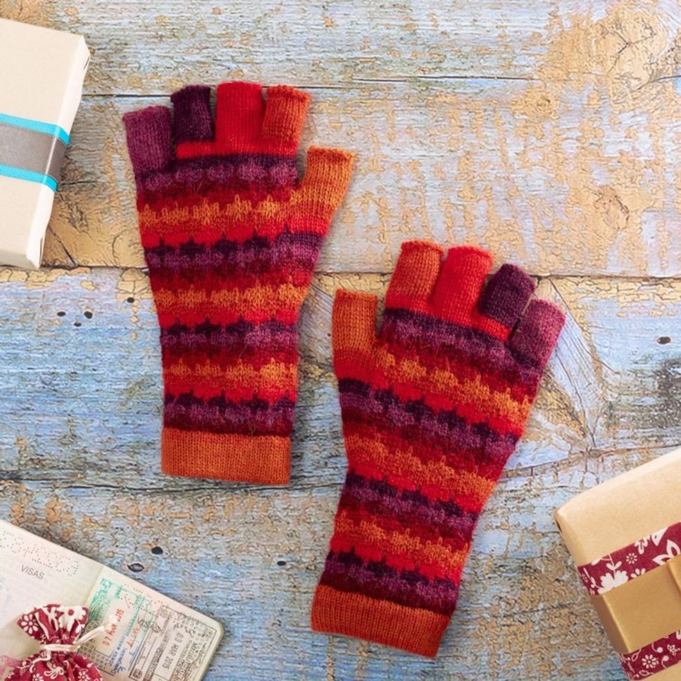 Knit Red Brown and Purple 100 Baby Alpaca Fingerless Gloves 'Red Vibes'
