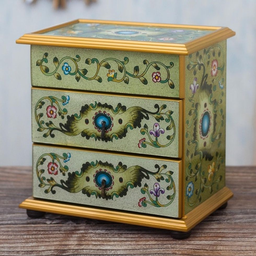 Green Reverse-Painted Glass Jewelry Chest 'Verdant Splendor'