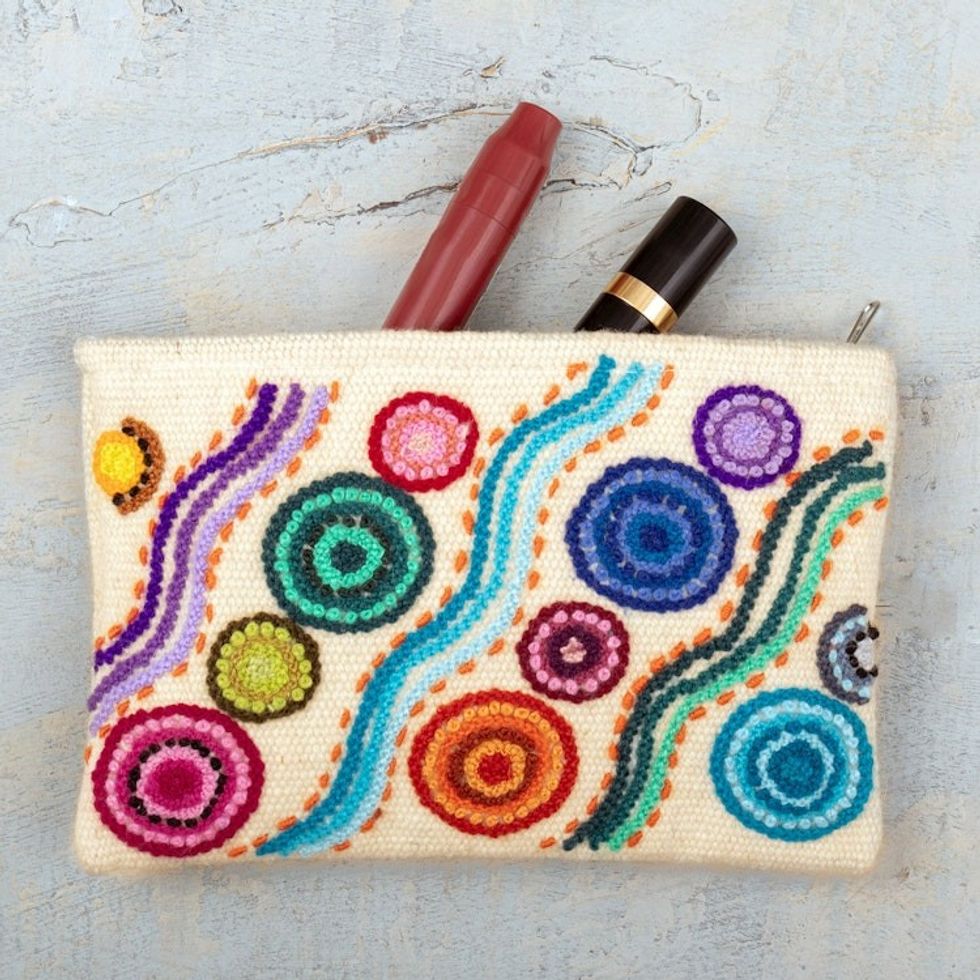 Colorful Wool Floral Cosmetic Bag Hand-Woven in Peru 'Stepping Stones'