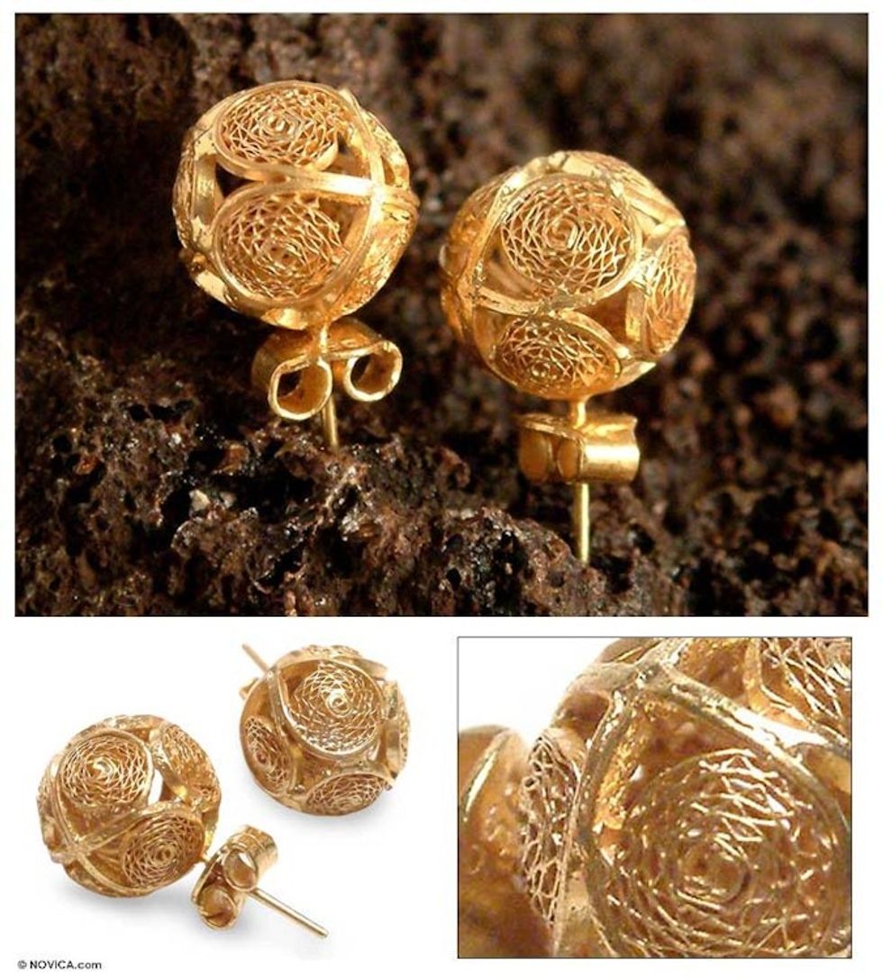 Gold Plated Filigree Earrings from Peru 'Peruvian Sun'