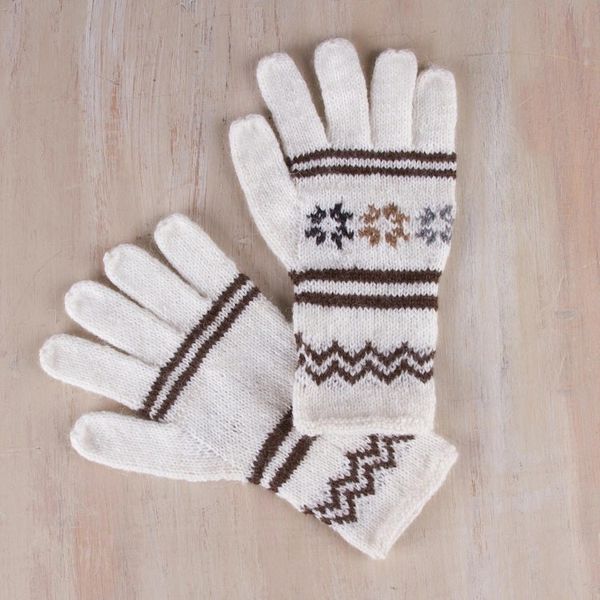 Alternate image for Hand Knitted White Alpaca Blend Gloves White Clouds