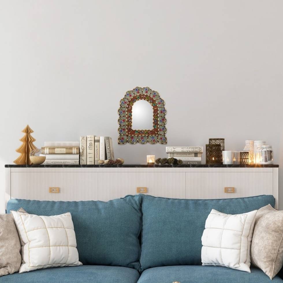 Reverse-Painted Glass Wood Wall Mirror with Floral Motifs 'Sweet Arrangement'