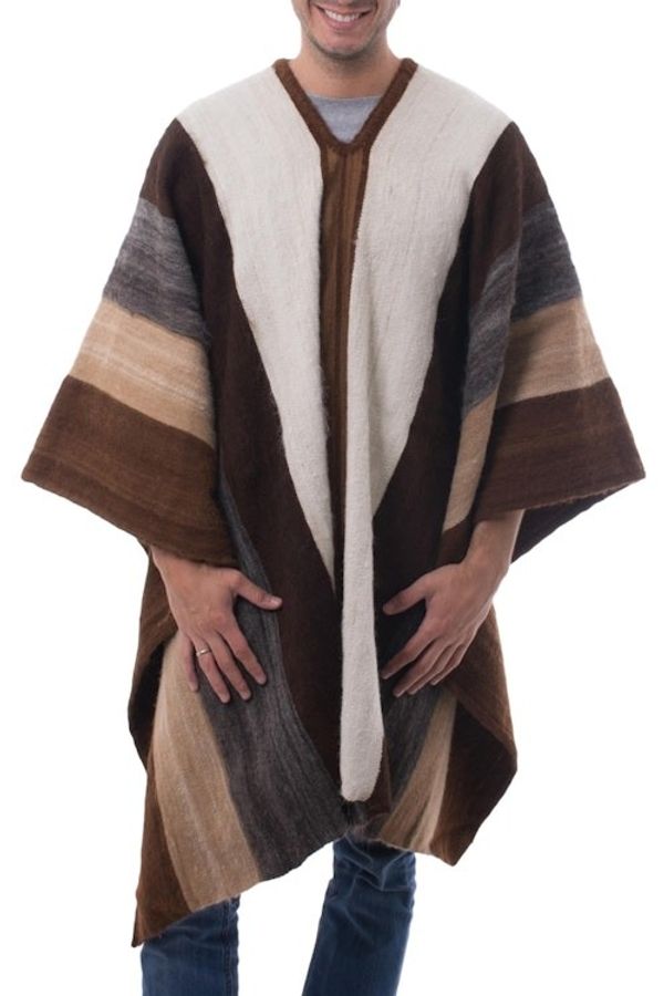 Alternate image for Mens Andean 100 Alpaca Handwoven Poncho in Earth Shades Andean Celebration