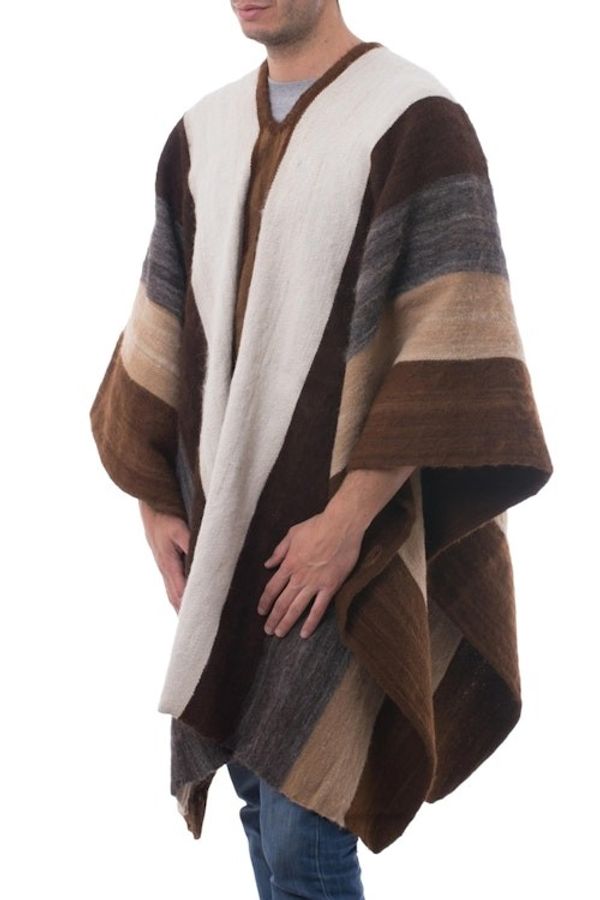 Alternate image for Mens Andean 100 Alpaca Handwoven Poncho in Earth Shades Andean Celebration