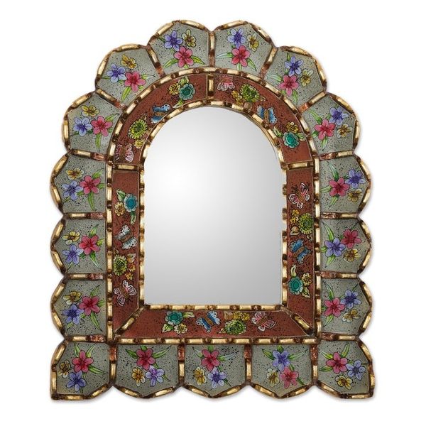 Alternate image for Reverse-Painted Glass Wood Wall Mirror with Floral Motifs Sweet Arrangement