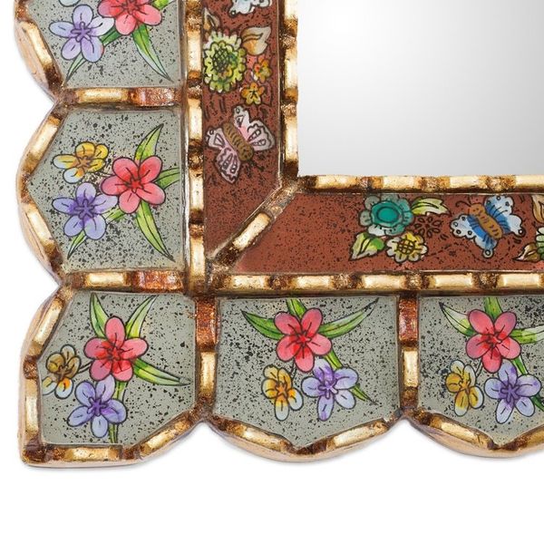 Alternate image for Reverse-Painted Glass Wood Wall Mirror with Floral Motifs Sweet Arrangement