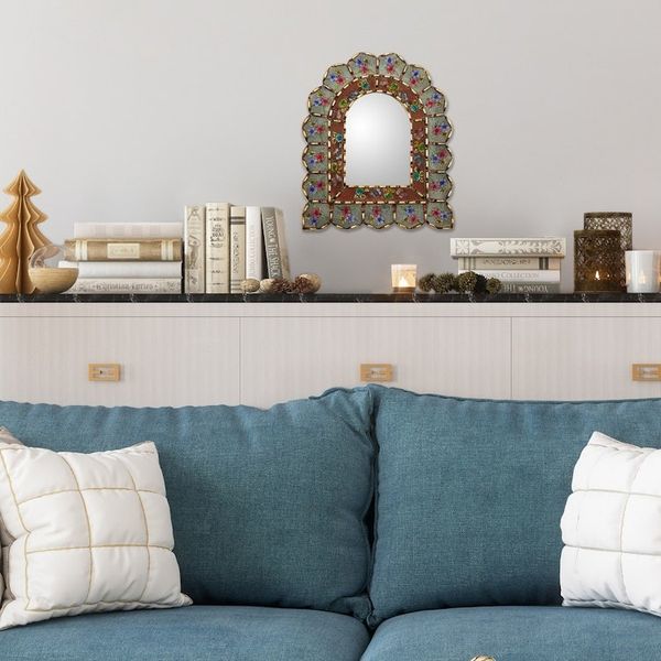 Alternate image for Reverse-Painted Glass Wood Wall Mirror with Floral Motifs Sweet Arrangement