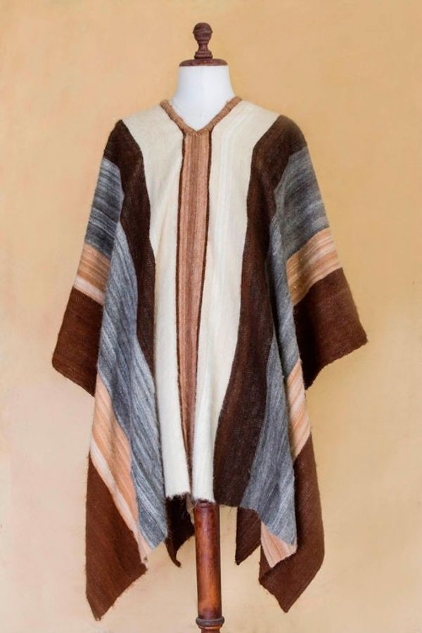 Alternate image for Mens Andean 100 Alpaca Handwoven Poncho in Earth Shades Andean Celebration