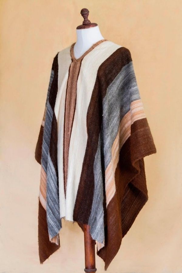 Alternate image for Mens Andean 100 Alpaca Handwoven Poncho in Earth Shades Andean Celebration