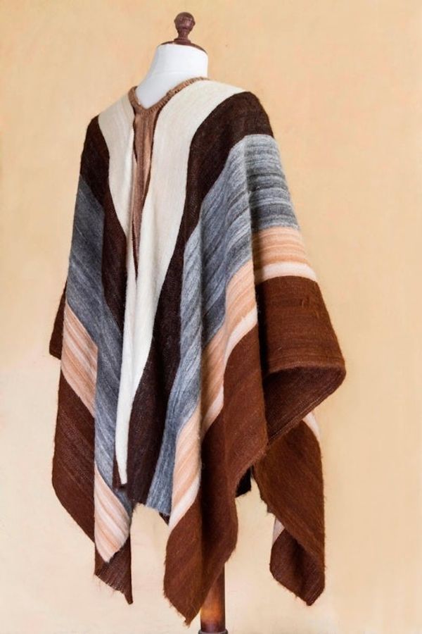 Alternate image for Mens Andean 100 Alpaca Handwoven Poncho in Earth Shades Andean Celebration
