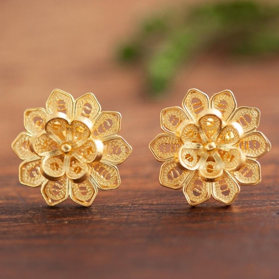 Floral Gold Plated Sterling Silver Filigree Button Earrings 'Fantasy Stars'