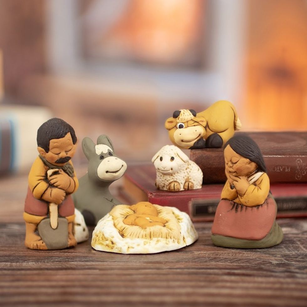 Petite Ceramic Andean Nativity Scene 6 Pieces 'Grandparents on Christmas Eve'