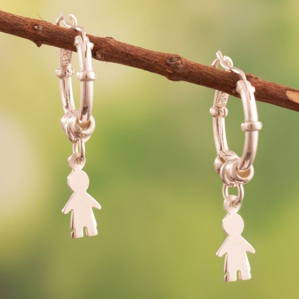 Alternate image for Polished Sterling Silver Hoop Earrings with Boy Motif Little Boy