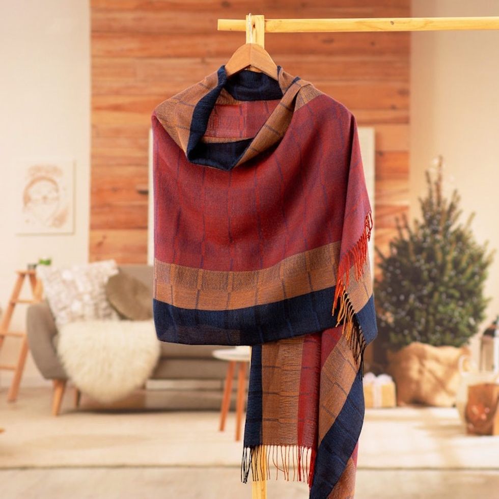 Hand-Woven Striped Fringed Orange 100 Baby Alpaca Shawl 'Tricolor'