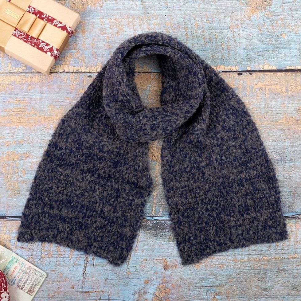 Peruvian Alpaca Blend Scarf in Blue and Grey Boucle 'Blue Boucle'
