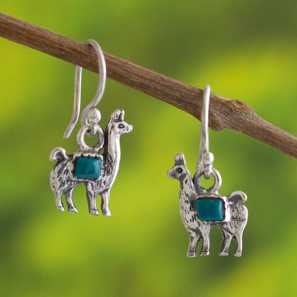 Peruvian Silver and Chrysocolla Llama Dangle Earrings 'Andean Llama in Turquoise'