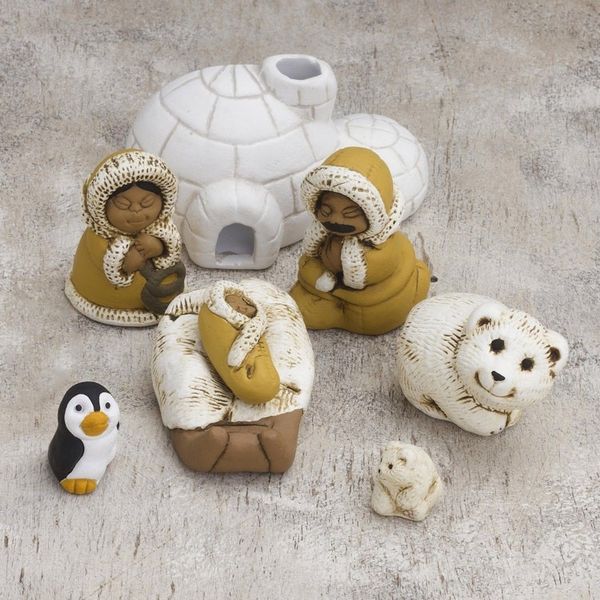Alternate image for 8-Piece Hand-Painted Inuit-Themed Ceramic Nativity Scene Inuit Family