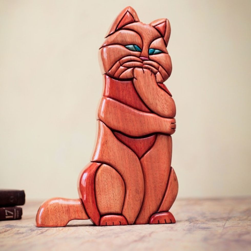 Artisan Crafted Hand Carved Wooden Cat Sculpture 'Thoughtful Kitty Cat'