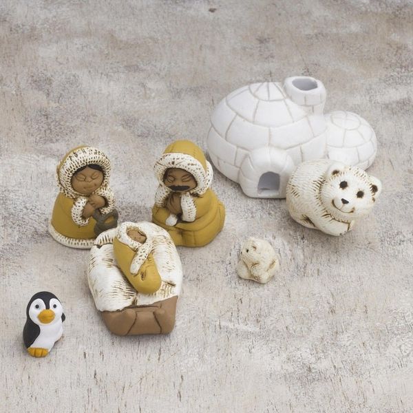 Alternate image for 8-Piece Hand-Painted Inuit-Themed Ceramic Nativity Scene Inuit Family
