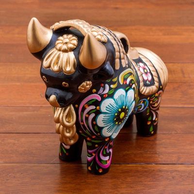 Alternate image for Hand Painted Ceramic Bull with Floral Motifs from Peru Big Colorful Pucara Bull