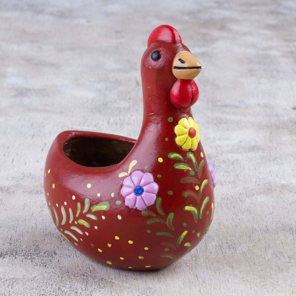 Handcrafted Red Ceramic Chicken Sculpture from Peru 'Songs of Dawn'