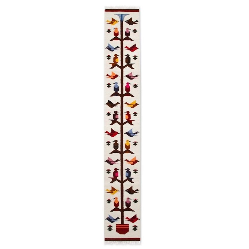 Colorful Bird-Themed Handwoven Wool Runner Rug 1x5 'Birds of Life'