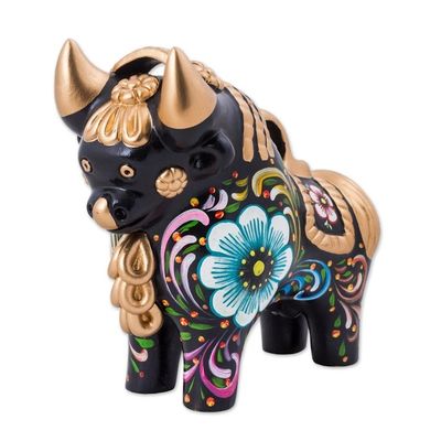 Alternate image for Hand Painted Ceramic Bull with Floral Motifs from Peru Big Colorful Pucara Bull