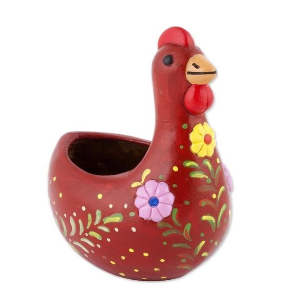 Alternate image for Handcrafted Red Ceramic Chicken Sculpture from Peru Songs of Dawn