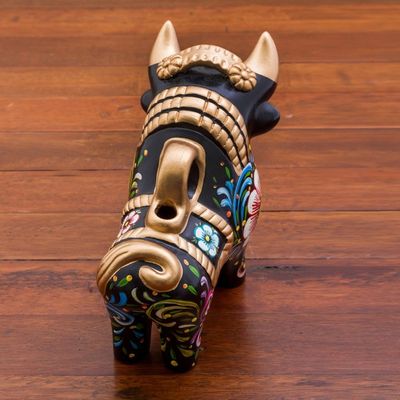 Alternate image for Hand Painted Ceramic Bull with Floral Motifs from Peru Big Colorful Pucara Bull
