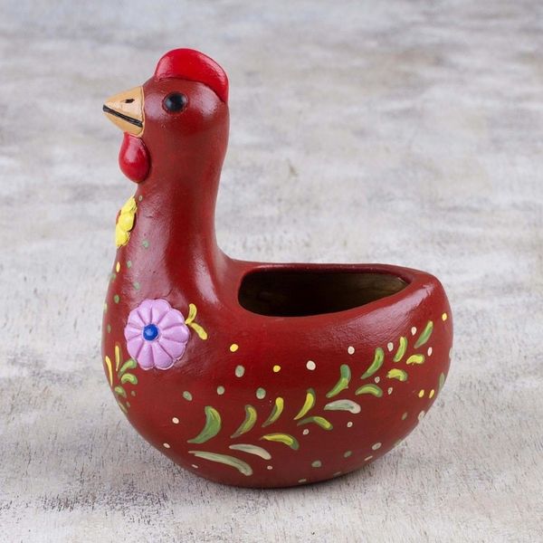 Alternate image for Handcrafted Red Ceramic Chicken Sculpture from Peru Songs of Dawn