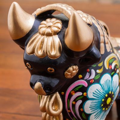 Alternate image for Hand Painted Ceramic Bull with Floral Motifs from Peru Big Colorful Pucara Bull