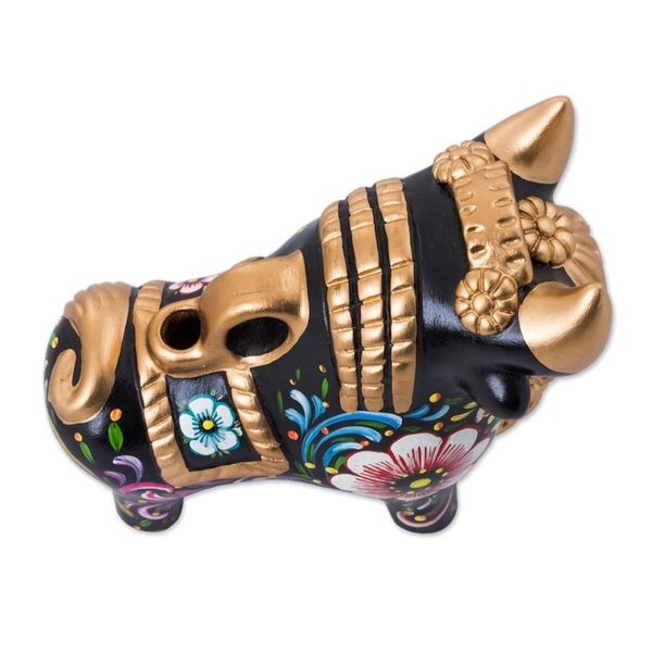 Alternate image for Hand Painted Ceramic Bull with Floral Motifs from Peru Big Colorful Pucara Bull