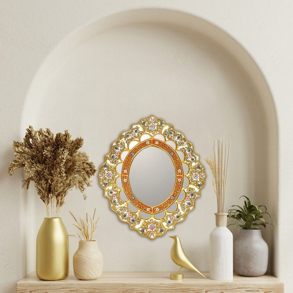Fair Trade Reverse Painted Glass Oval Floral Wall Mirror 'Dance of the Flowers'