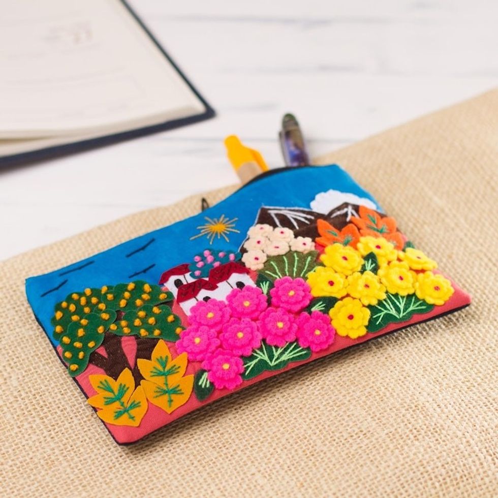 Colorful Andean Scene Cotton Blend Appliqu Pencil Case 'Colors of the Andes'