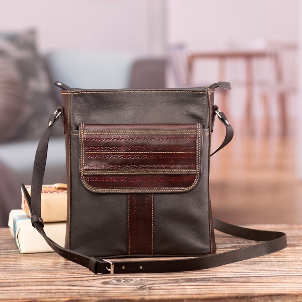 Adjustable Brown Leather Sling Bag with Embossed Motifs 'Urban Explorer'