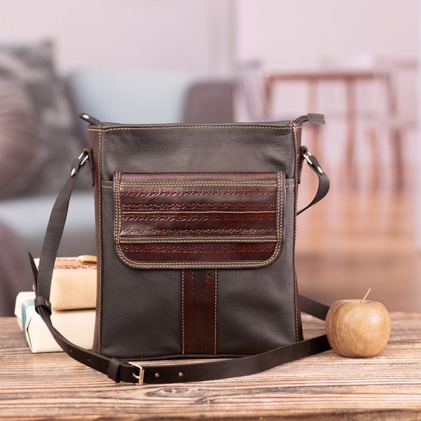 Alternate image for Adjustable Brown Leather Sling Bag with Embossed Motifs Urban Explorer